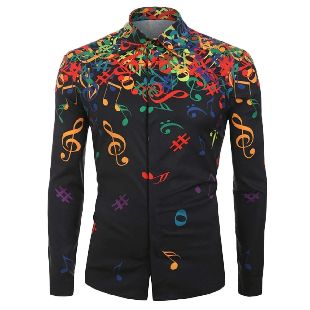 Autumn Men Shirts Casual Slim-Fit Streetwear Musical Note Printed Blouse Black Lapel Button up Men Dress Shirt Long Sleeve Tops