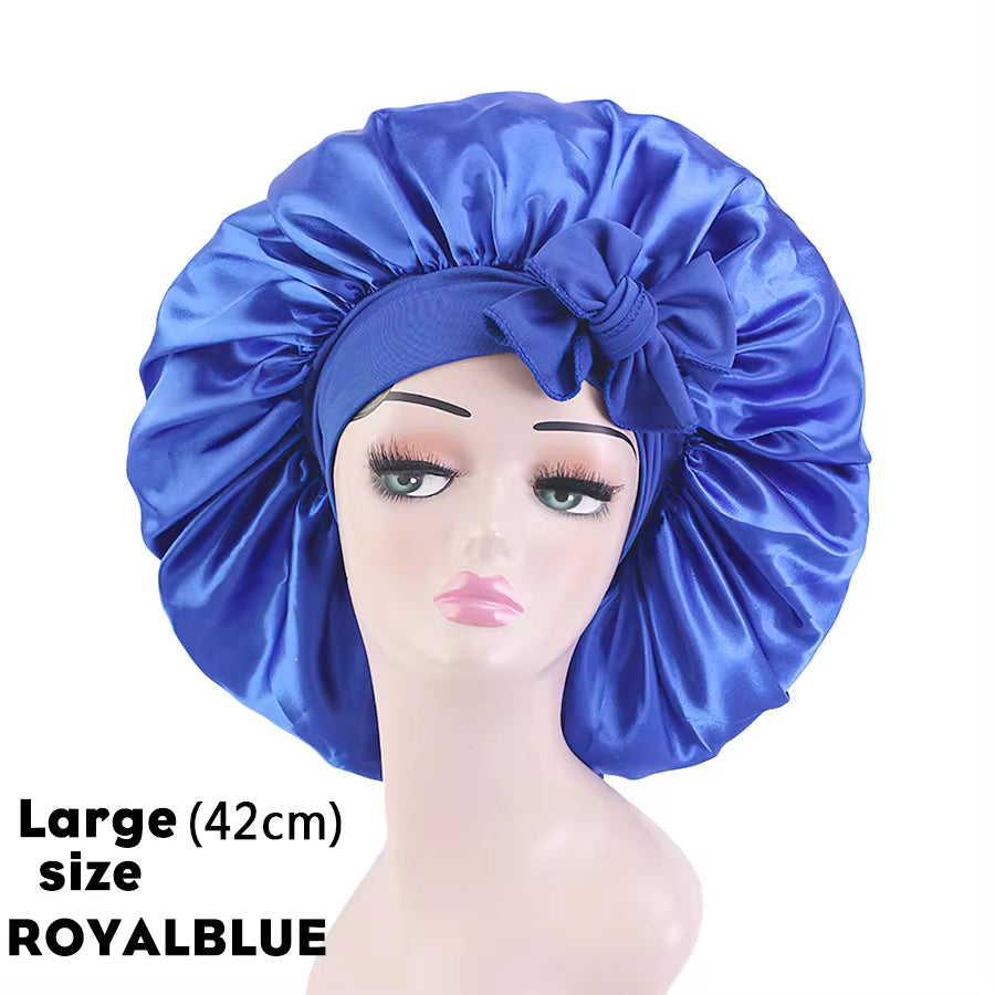 Custom Logo Women'S Satin Bonnet with Wide Stretch Ties Band Long Tail Bonnet Satin Cheveux Nuit Silk Sleeping Night Cap Bonnets