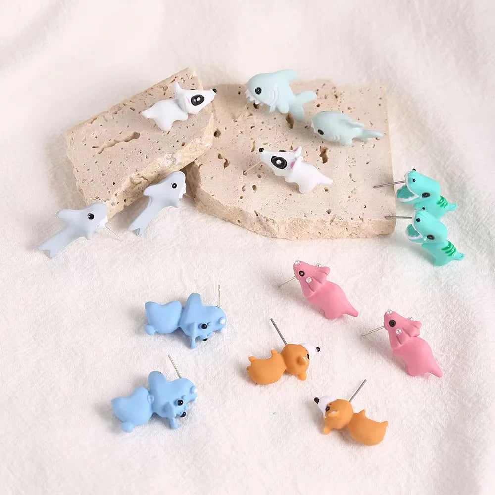 2Pcs/1Pair Animal Cartoon Stud Earring for Women Cute Dinosaur Little Dog Whale Clay Bite Ear Jewelry Funny Gifts Fashion