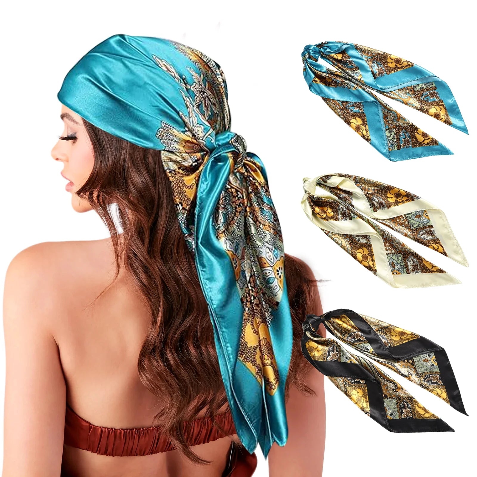 35” Large Square Satin Head Scarf - 3Pcs Satin Hair Scarves Silk Bandana Scarf Headscarf Silk Feeling Scarf for Women