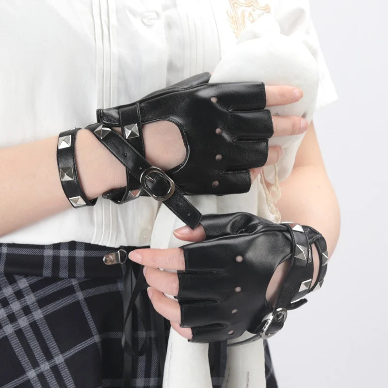 Women Black Fingerless Gloves Sexy Bandage Rivet Gloves Personality Buckle Straps Punk Gothic Lolita Cosplay Performance Mittens