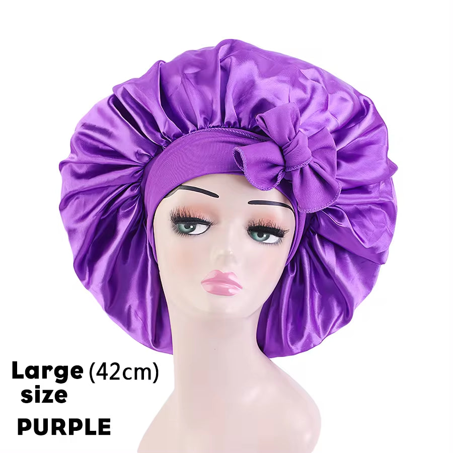 Custom Logo Women'S Satin Bonnet with Wide Stretch Ties Band Long Tail Bonnet Satin Cheveux Nuit Silk Sleeping Night Cap Bonnets