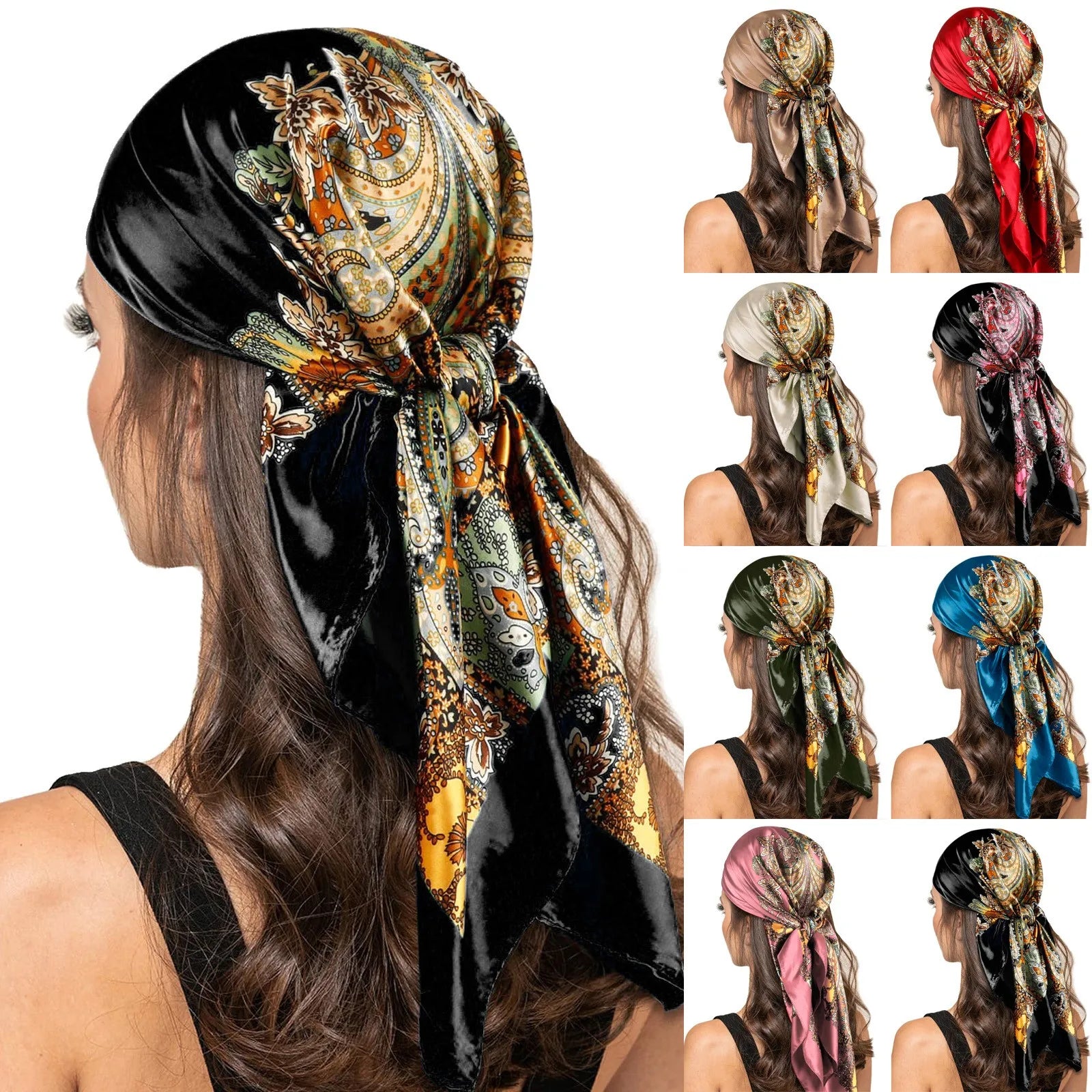 Women Fashion Satin Square Head Scarf Lightweight Neck Scarves Hair Bandana Neckerchief Spritz Headband Compact Folding Headband