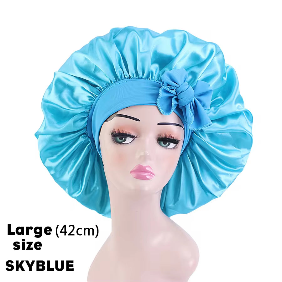 Custom Logo Women'S Satin Bonnet with Wide Stretch Ties Band Long Tail Bonnet Satin Cheveux Nuit Silk Sleeping Night Cap Bonnets