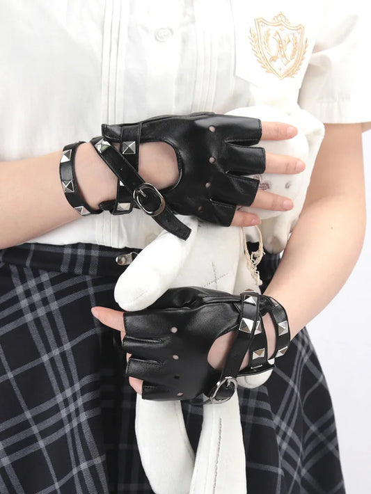 Women Black Fingerless Gloves Sexy Bandage Rivet Gloves Personality Buckle Straps Punk Gothic Lolita Cosplay Performance Mittens